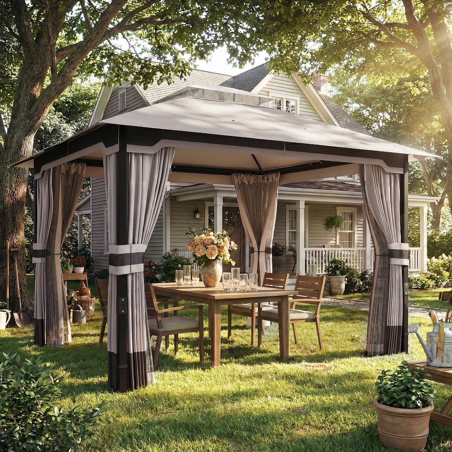 Outsunny 3 x 3.6 m Outdoor Garden Gazebo with Netting and Curtains, DoubleÂ Roof Patio Gazebo Permanent Pavilion, Khaki