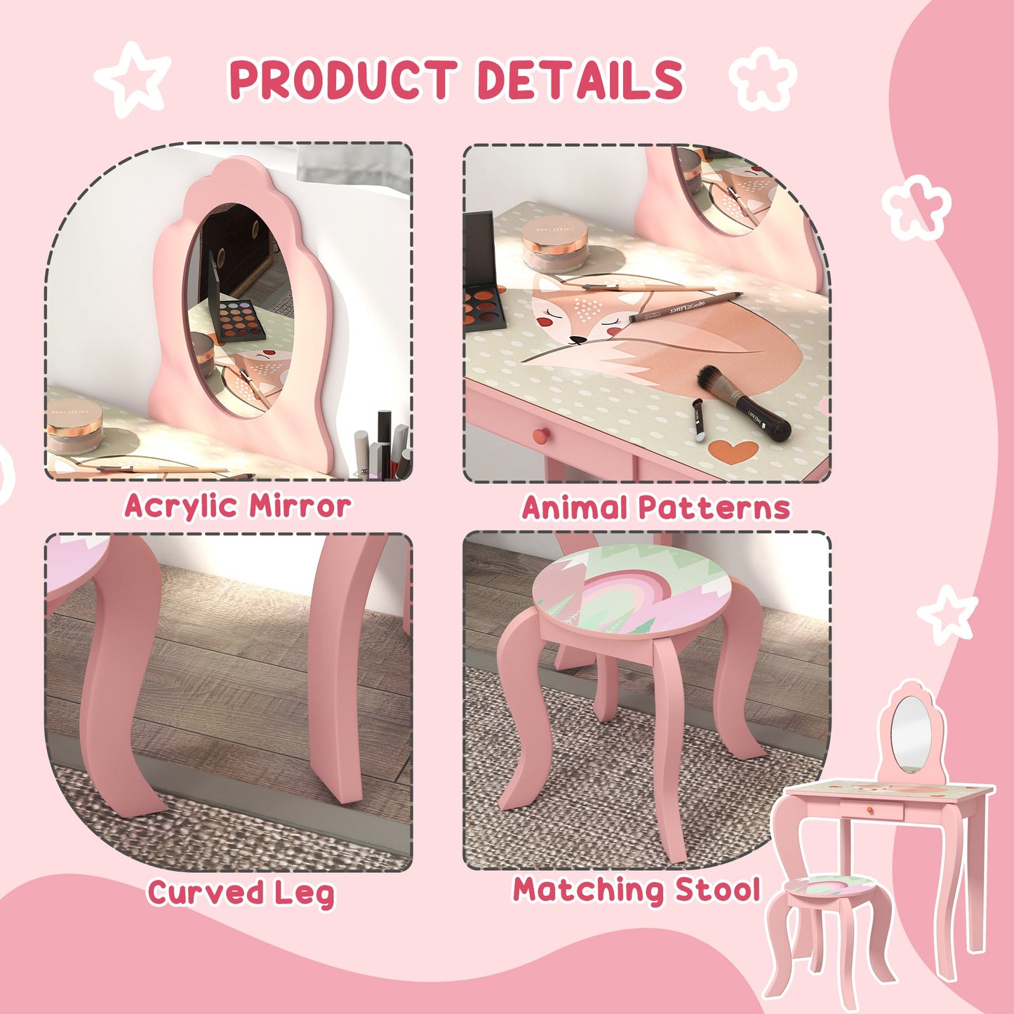 ZONEKIZ Kids Dressing Table with Mirror and Stool, Girls Vanity Table Makeup Desk with Drawer, Cute Animal Design, for 3-6 Years - Pink