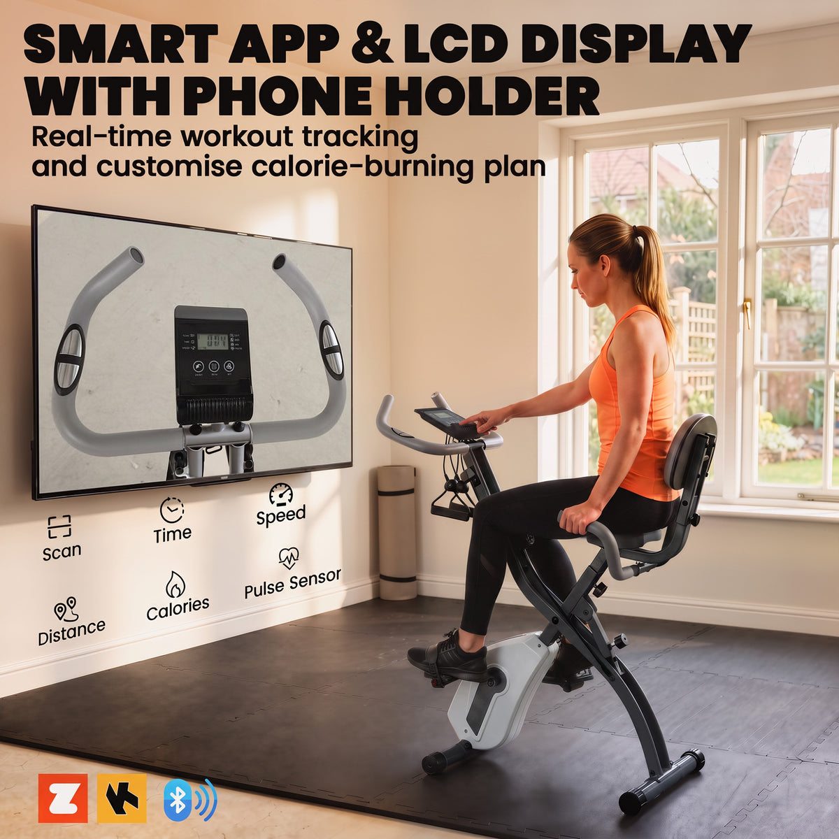 SPORTNOW 4-In-1 Folding Exercise Bike with Resistance Bands, Bluetooth App, 8-Level Magnetic Resistance, LCD Display, Grey