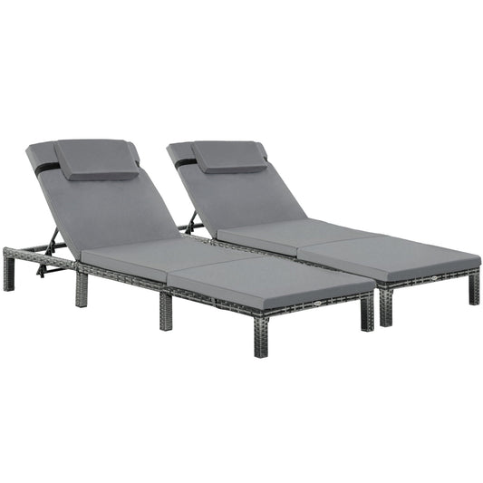 Outsunny 2 Pieces Outdoor PE Rattan Sun Loungers set of 2 with Cushion, Garden Wicker Sunbed Furniture with 5 - Level Recliner Backrest, Grey