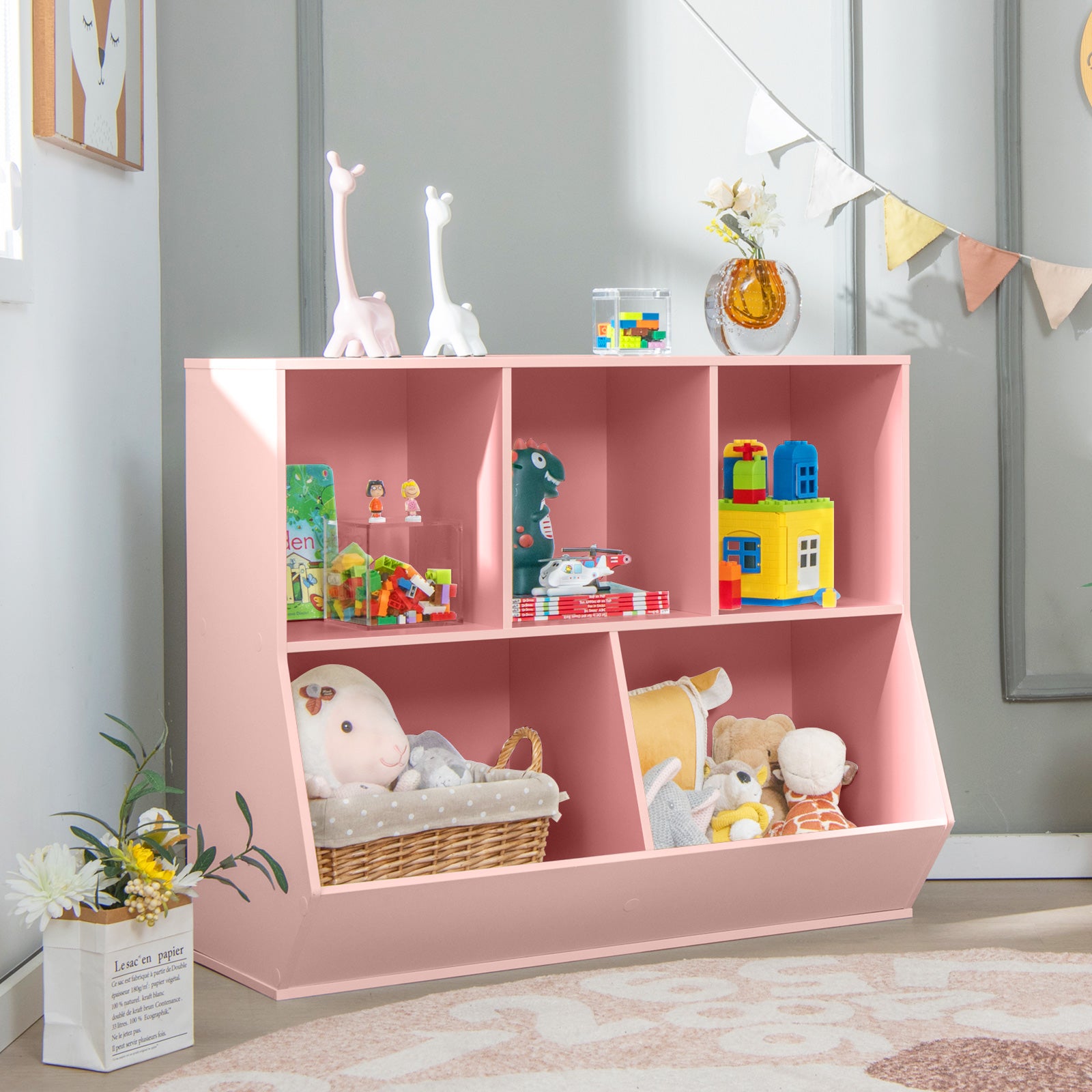 5-Cube Kids Toy Storage Organizer with Anti-Tipping Kits-Pink