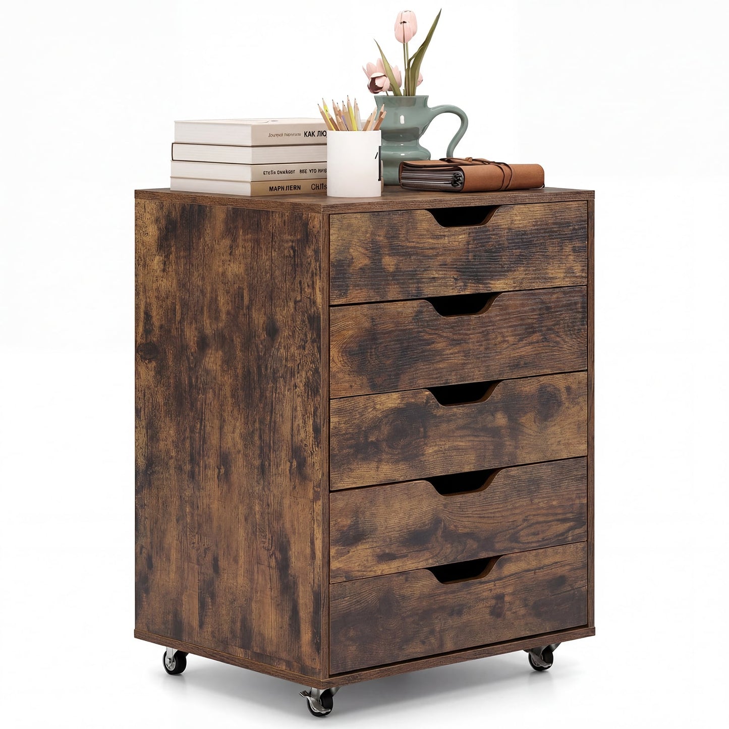 5 Drawer Chest with Lockable Wheels for Home Office-Brown