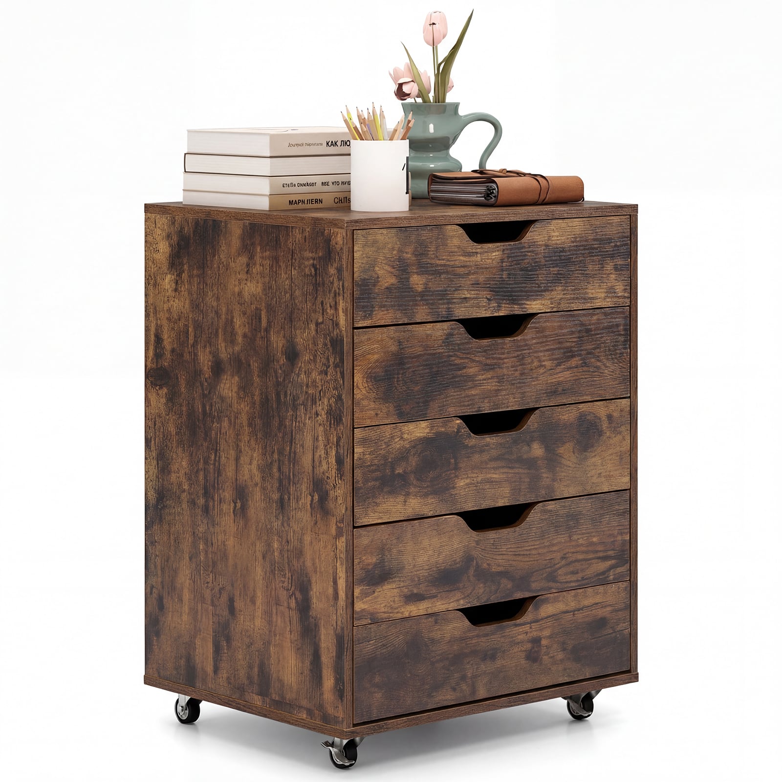 5 Drawer Chest with Lockable Wheels for Home Office-Brown