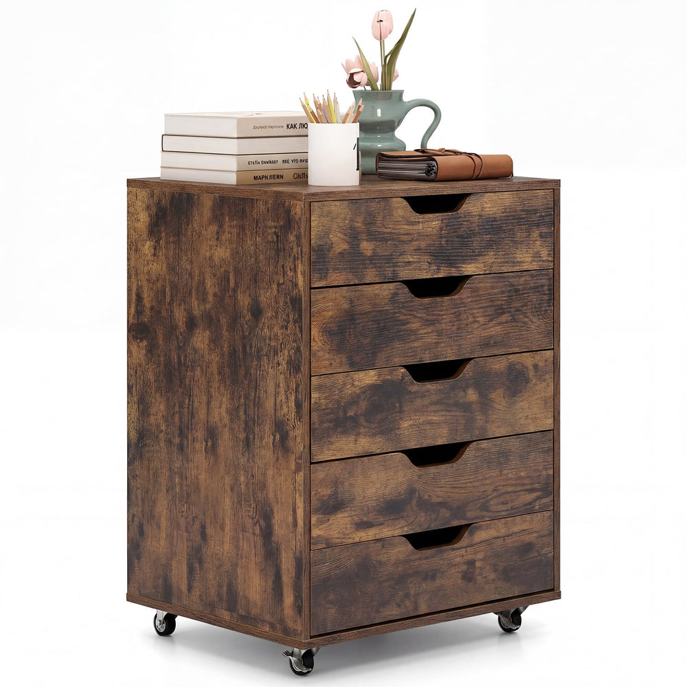 5 Drawer Chest with Lockable Wheels for Home Office-Brown