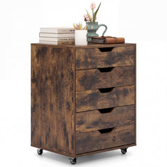 5 Drawer Chest with Lockable Wheels for Home Office-Brown