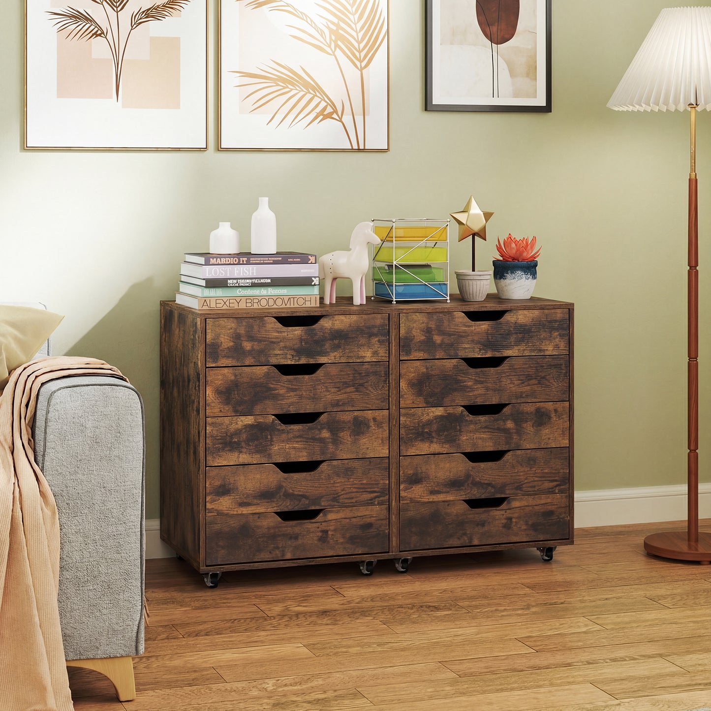 5 Drawer Chest with Lockable Wheels for Home Office-Brown