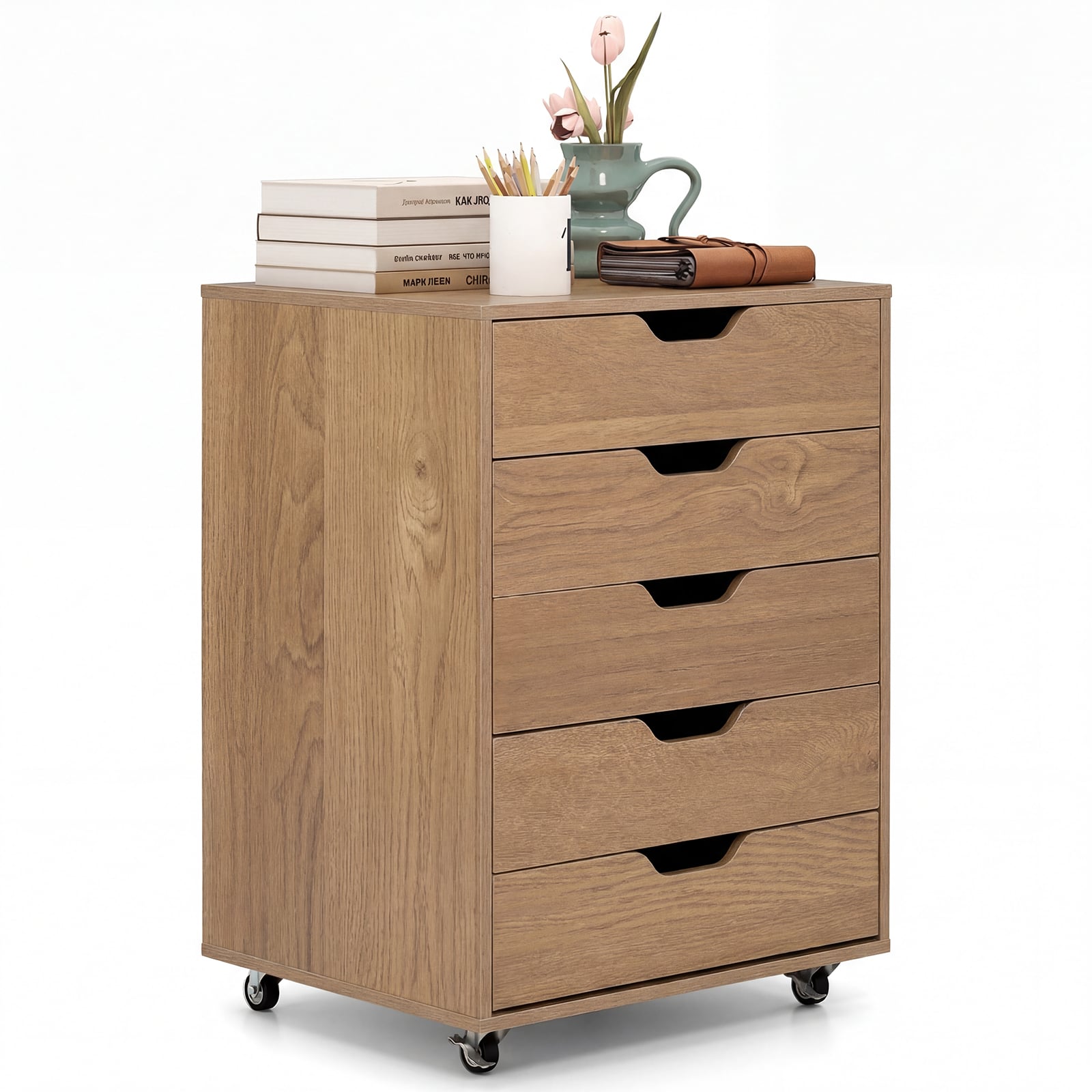 5 Drawer Chest with Lockable Wheels for Home Office-Natural