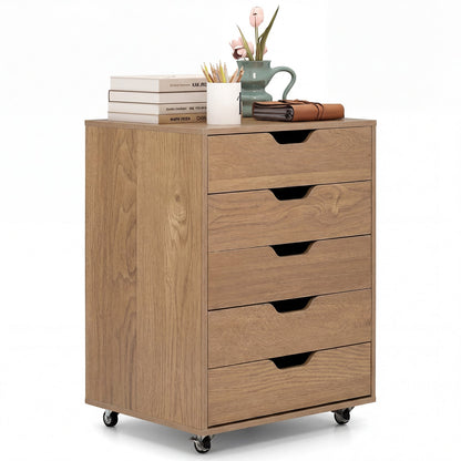 5 Drawer Chest with Lockable Wheels for Home Office-Natural