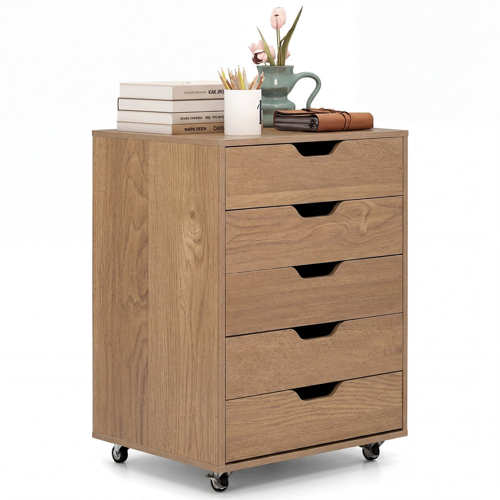 5 Drawer Chest with Lockable Wheels for Home Office-Natural
