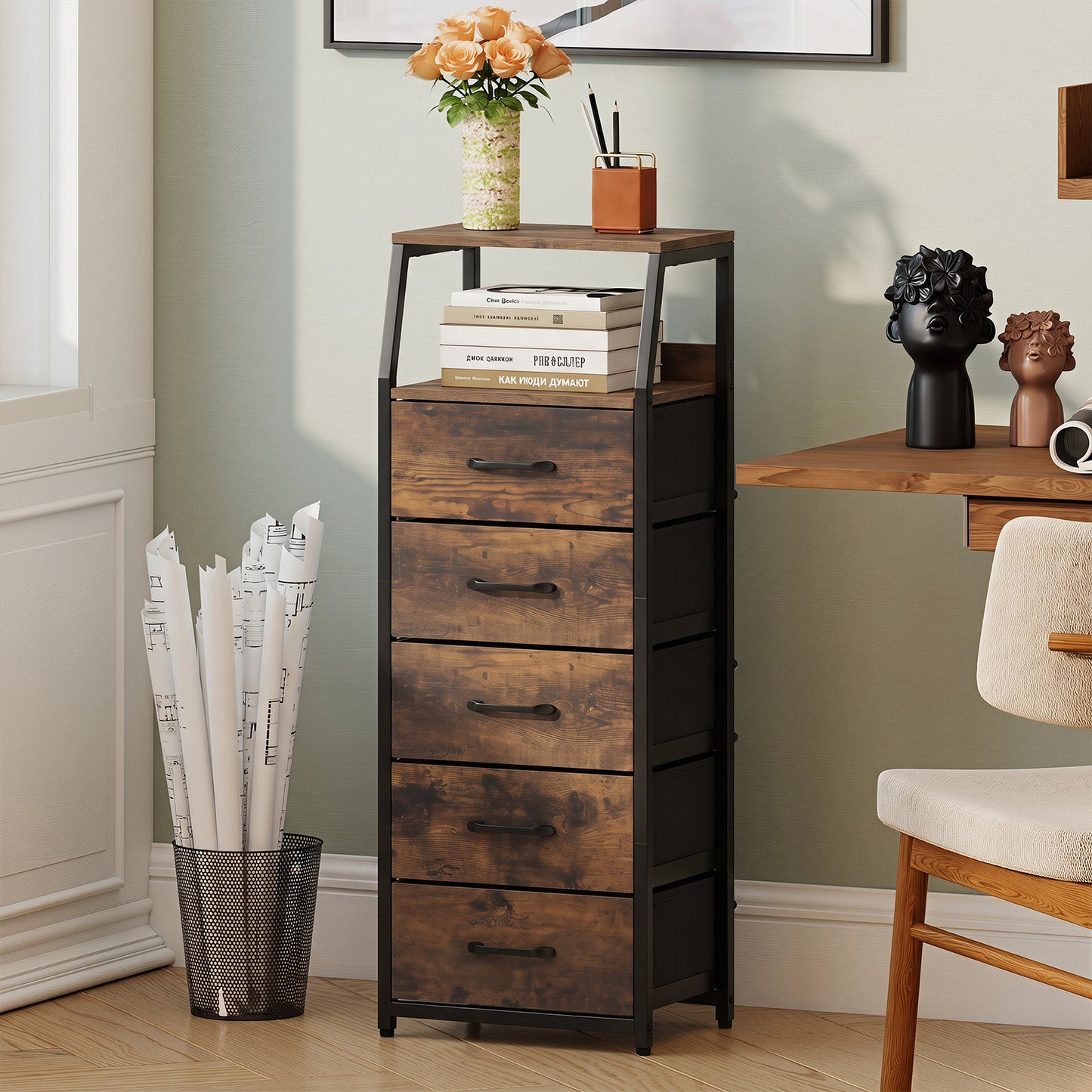 5-Drawer Storage Cabinet with Detachable Foldable Fabric Drawers and Anti-Tipping Kits-Rustic Brown