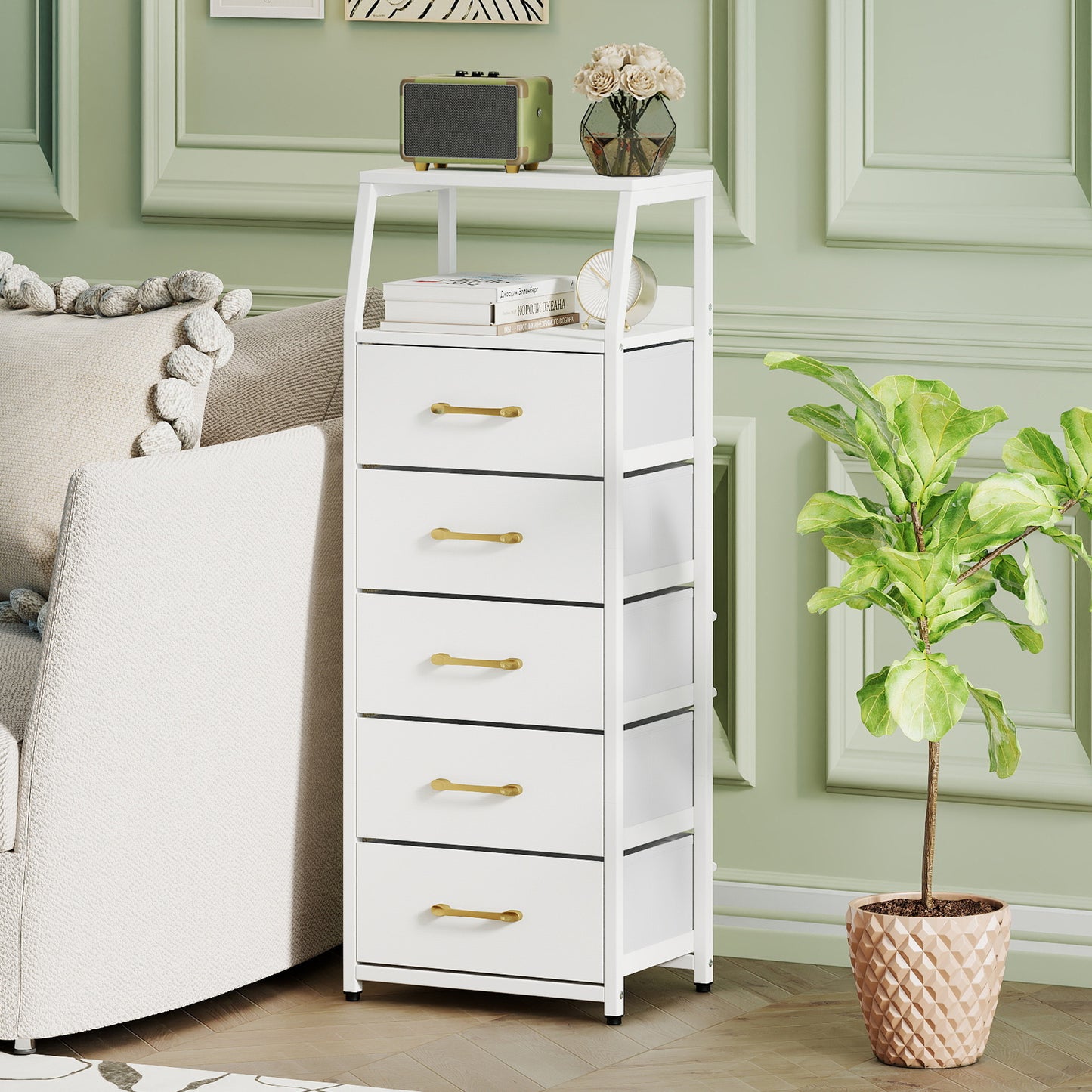 5-Drawer Storage Cabinet with Detachable Foldable Fabric Drawers and Anti-Tipping Kits-White