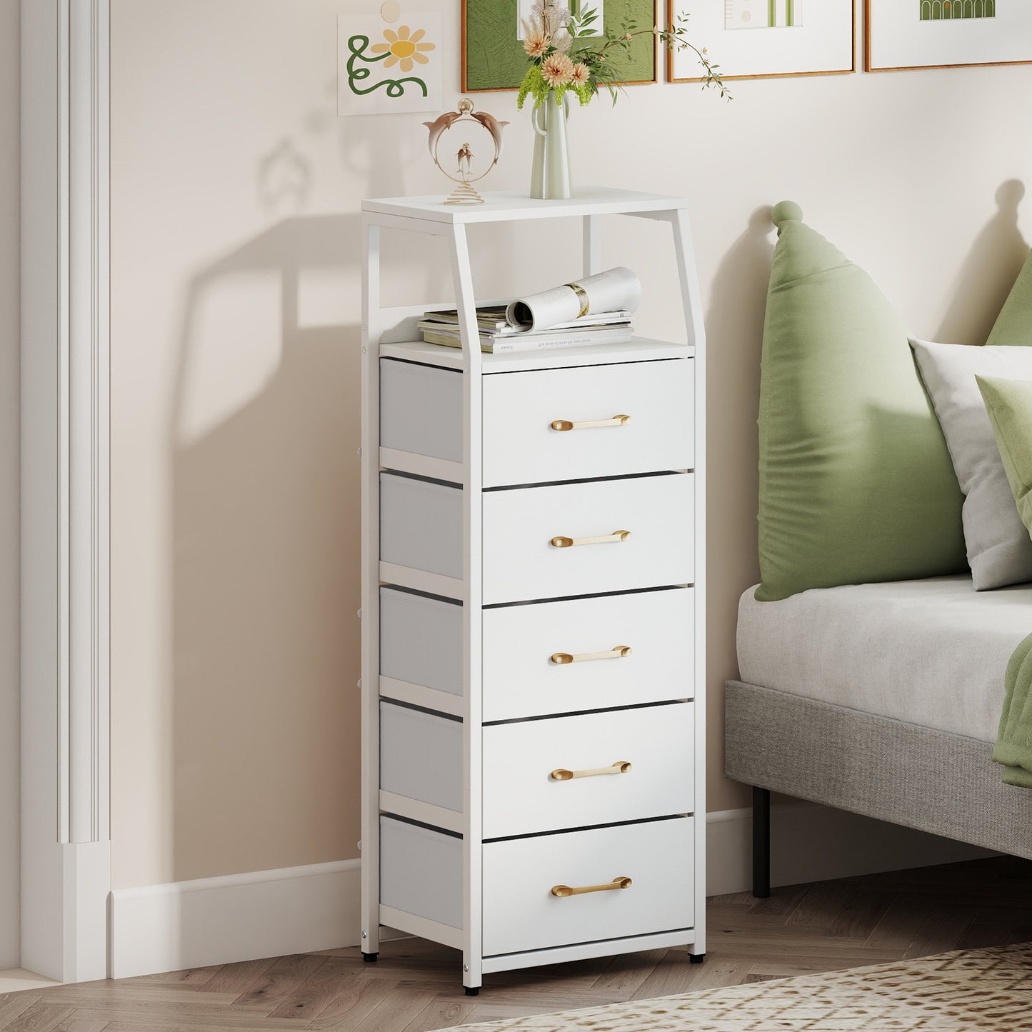 5-Drawer Storage Cabinet with Detachable Foldable Fabric Drawers and Anti-Tipping Kits-White