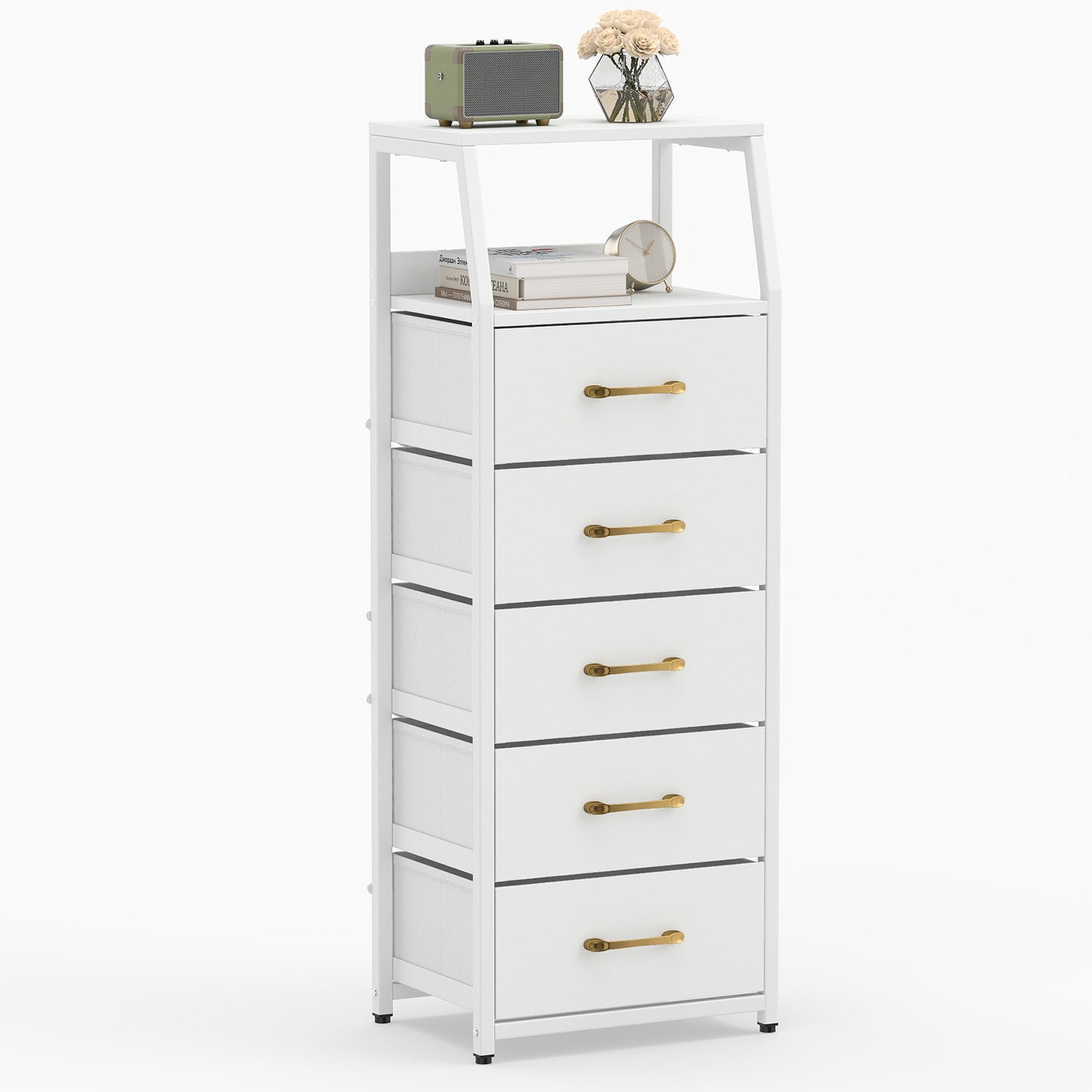 5-Drawer Storage Cabinet with Detachable Foldable Fabric Drawers and Anti-Tipping Kits-White