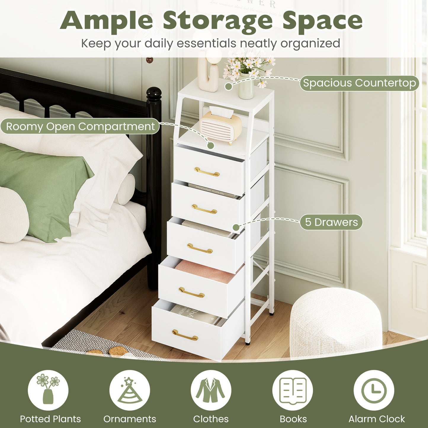 5-Drawer Storage Cabinet with Detachable Foldable Fabric Drawers and Anti-Tipping Kits-White