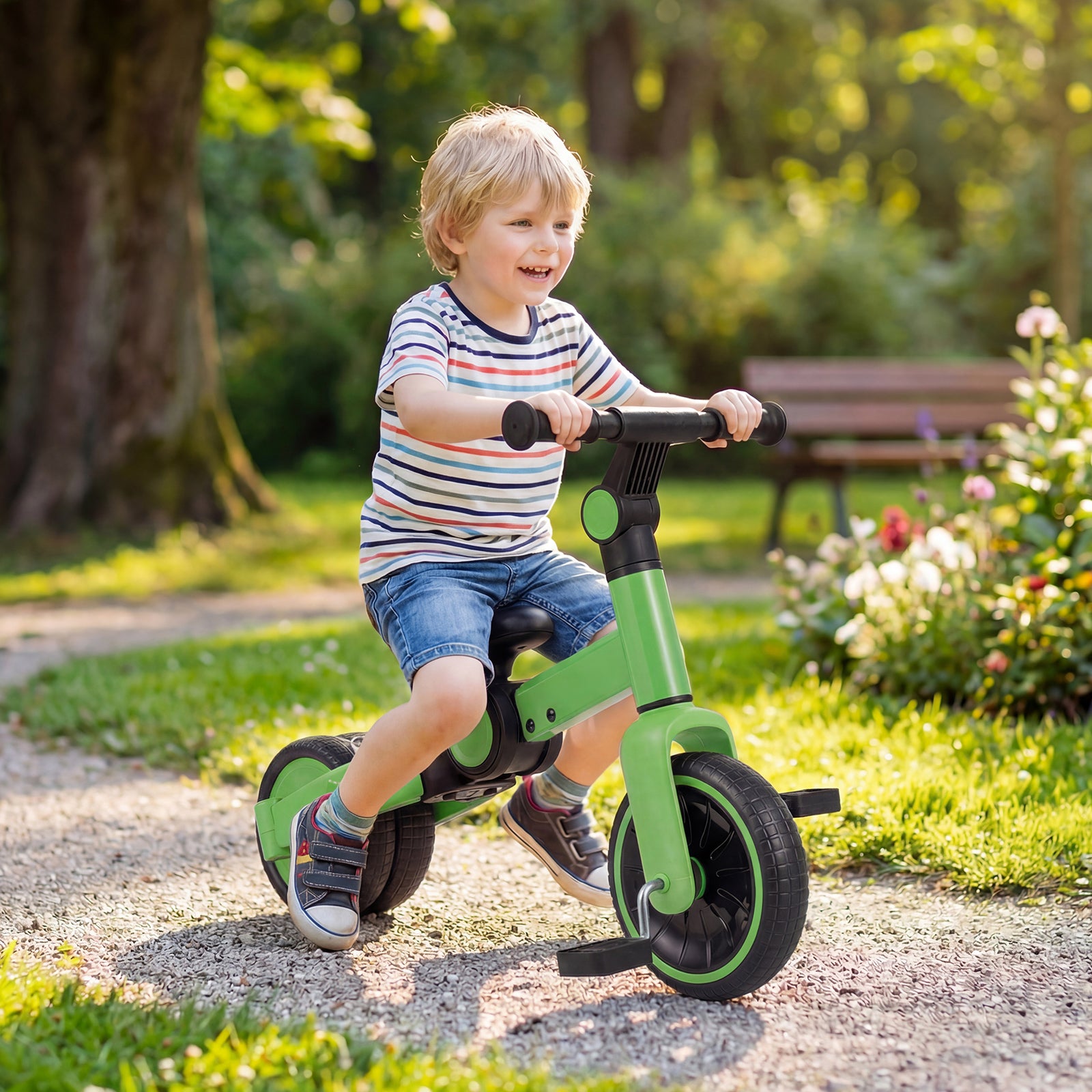 5-In-1 Toddler Bike Kids Balance Bike with Removable Pedals-Green