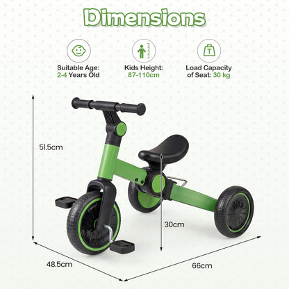 5-In-1 Toddler Bike Kids Balance Bike with Removable Pedals-Green