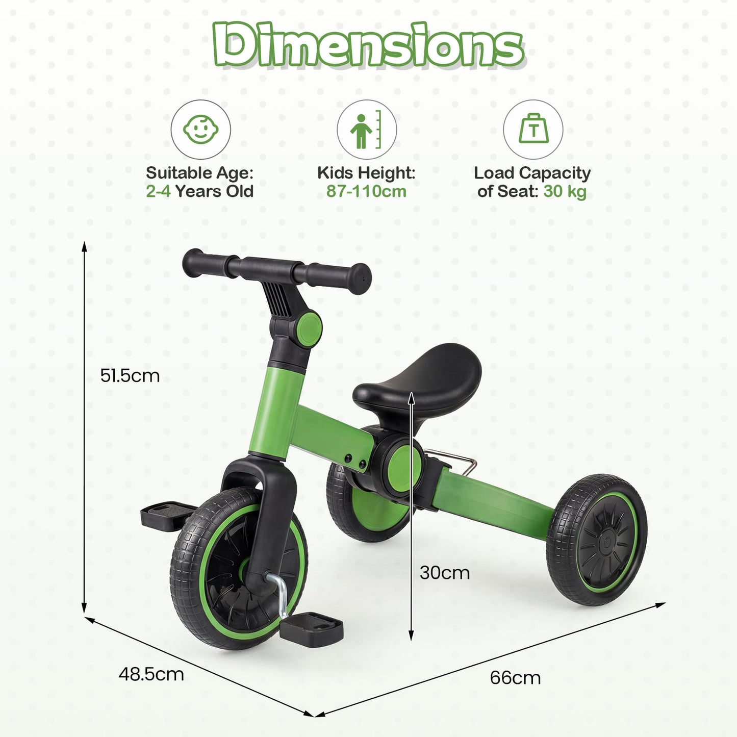 5-In-1 Toddler Bike Kids Balance Bike with Removable Pedals-Green