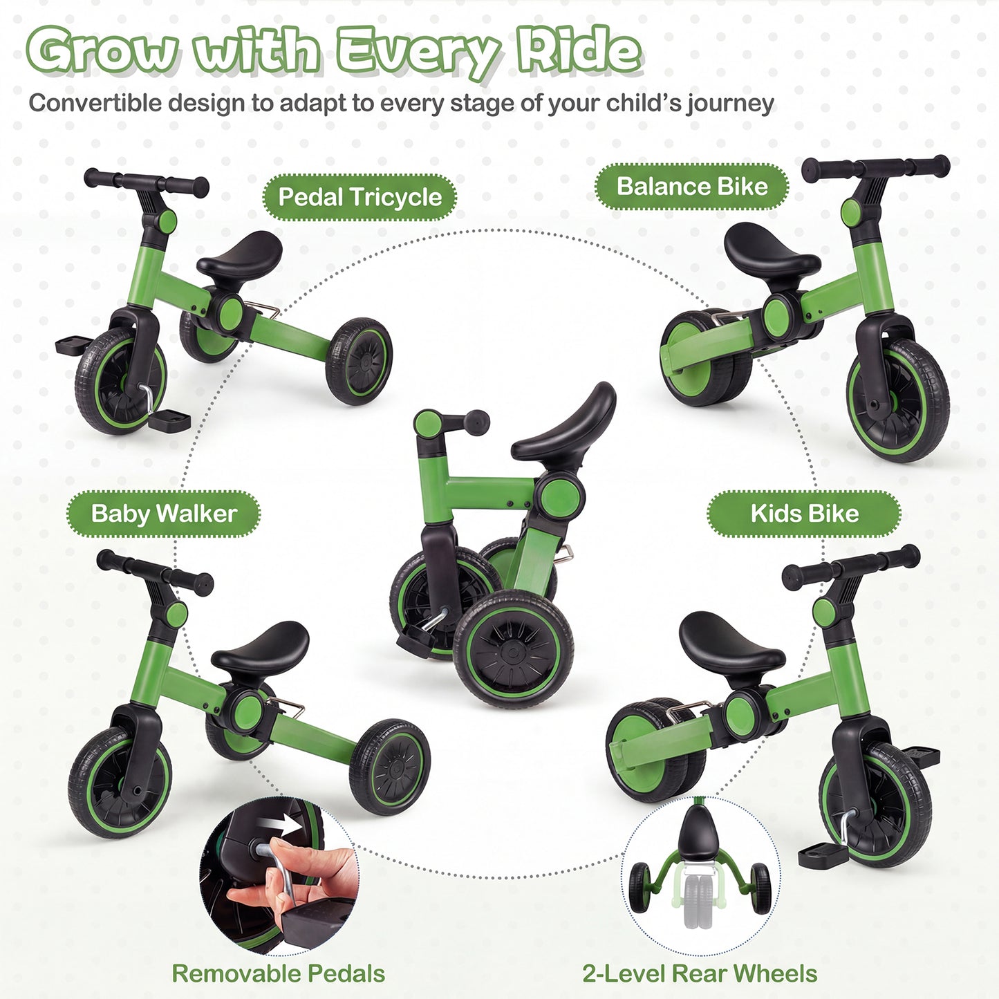 5-In-1 Toddler Bike Kids Balance Bike with Removable Pedals-Green