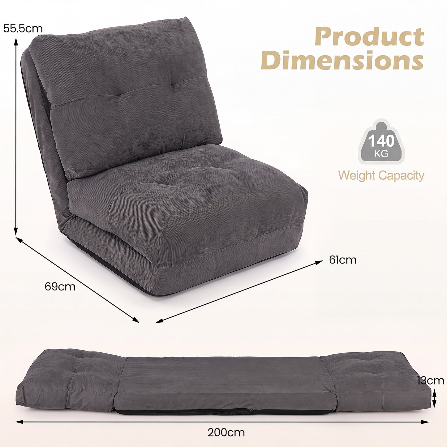 5-Level Adjustable Floor Chair for Adults with Back Support and Comfy Padded Cushions-Grey