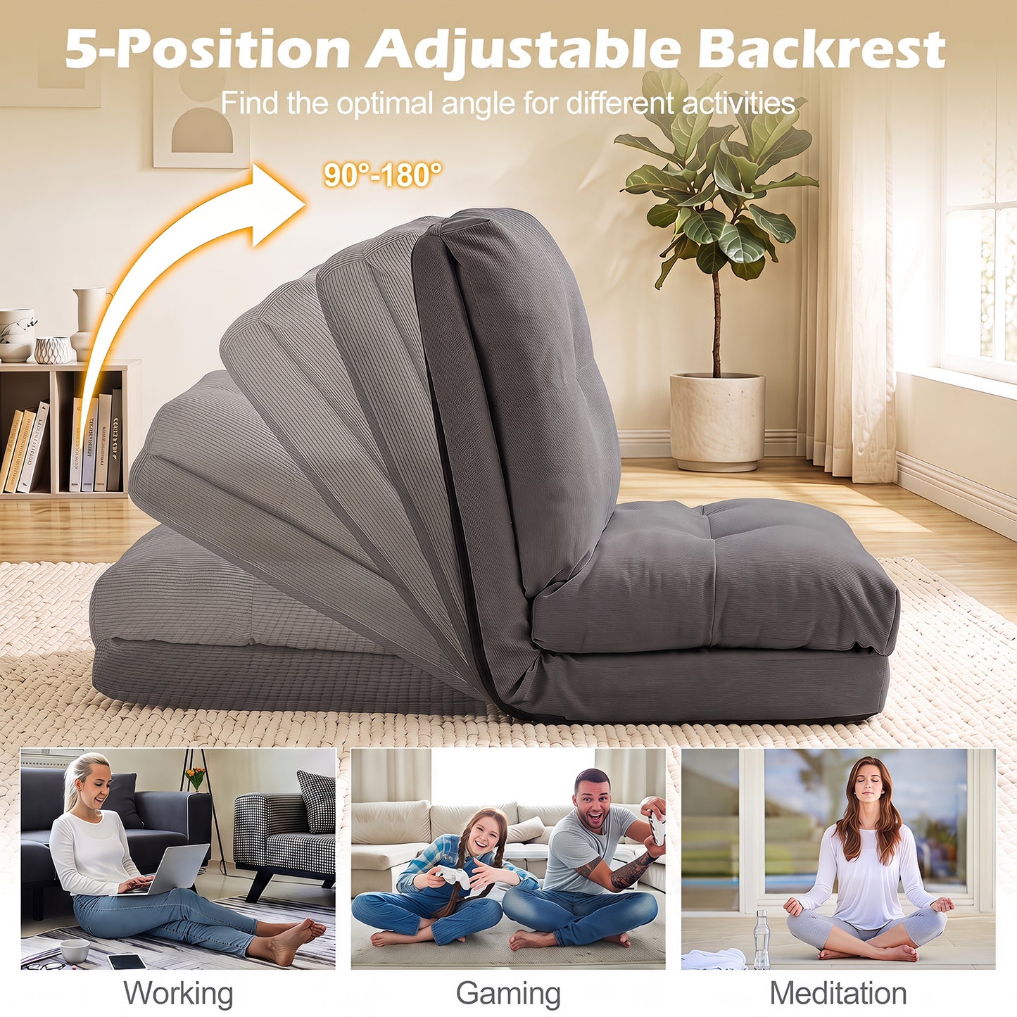 5-Level Adjustable Floor Chair for Adults with Back Support and Comfy Padded Cushions-Grey