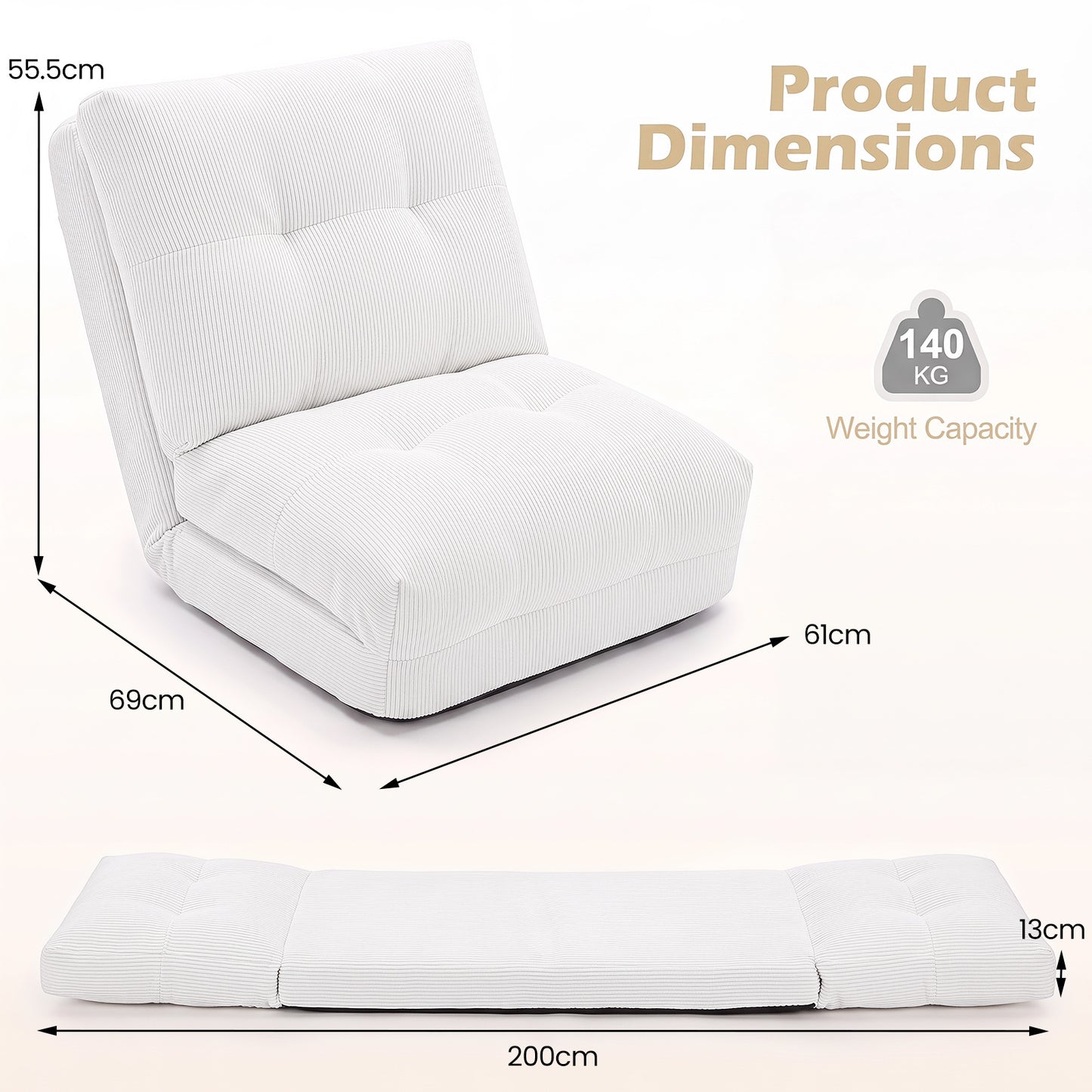 5-Level Adjustable Floor Chair for Adults with Back Support and Comfy Padded Cushions-White