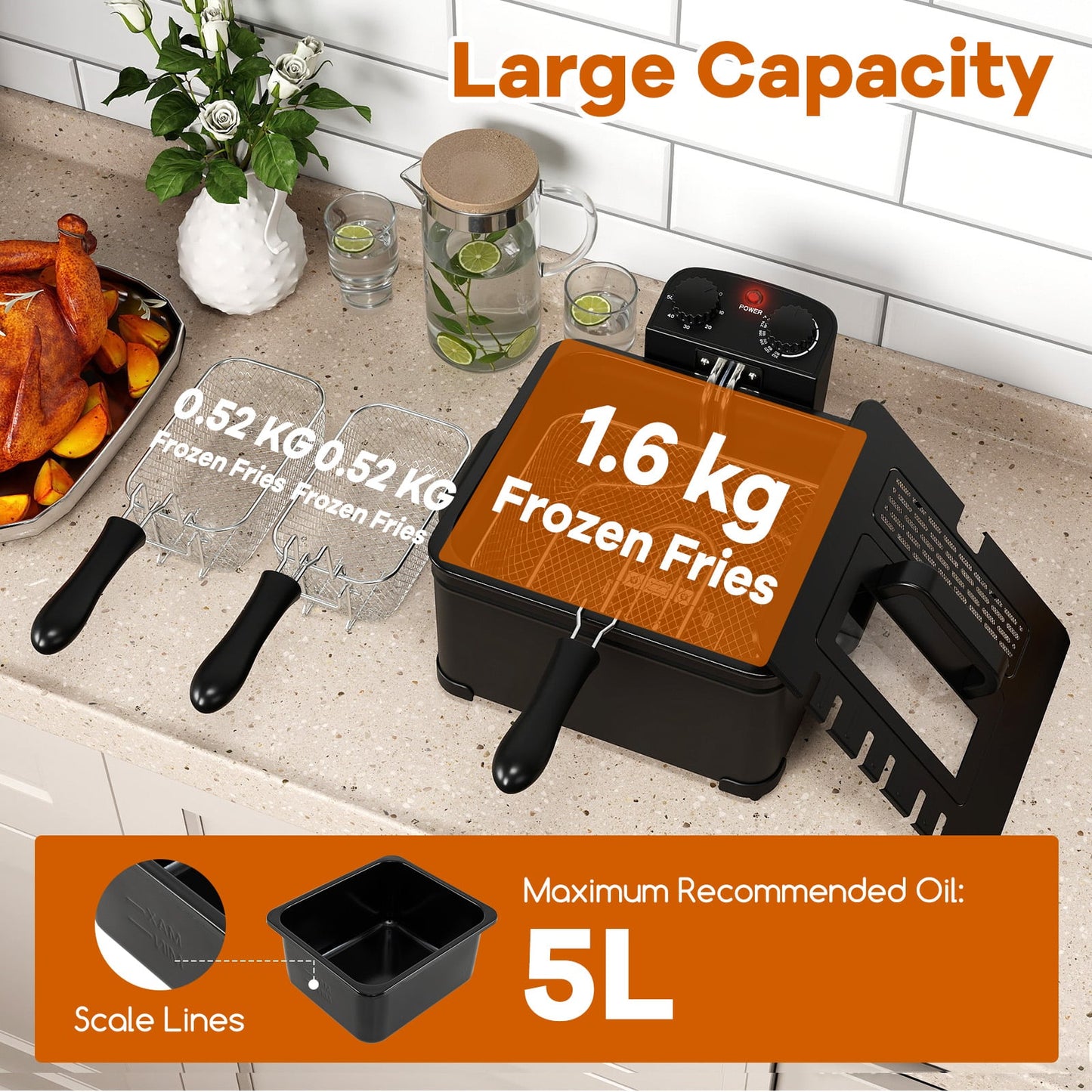 5 Liter 2000W Electric Deep Fryer Oil Fryer with 3 Detachable Frying Baskets