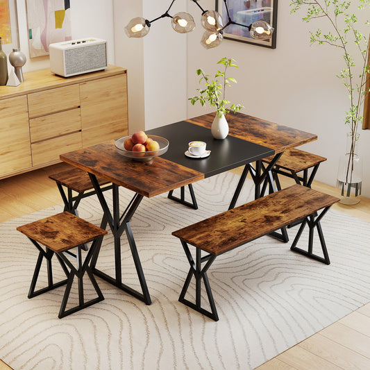 5-Piece Dining Room Set for 4-6 People Industrial Rectangular Kitchen Table with 2 Benches and 2 Stools-Rustic Brown
