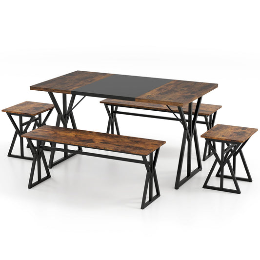 5-Piece Dining Room Set for 4-6 People Industrial Rectangular Kitchen Table with 2 Benches and 2 Stools-Rustic Brown