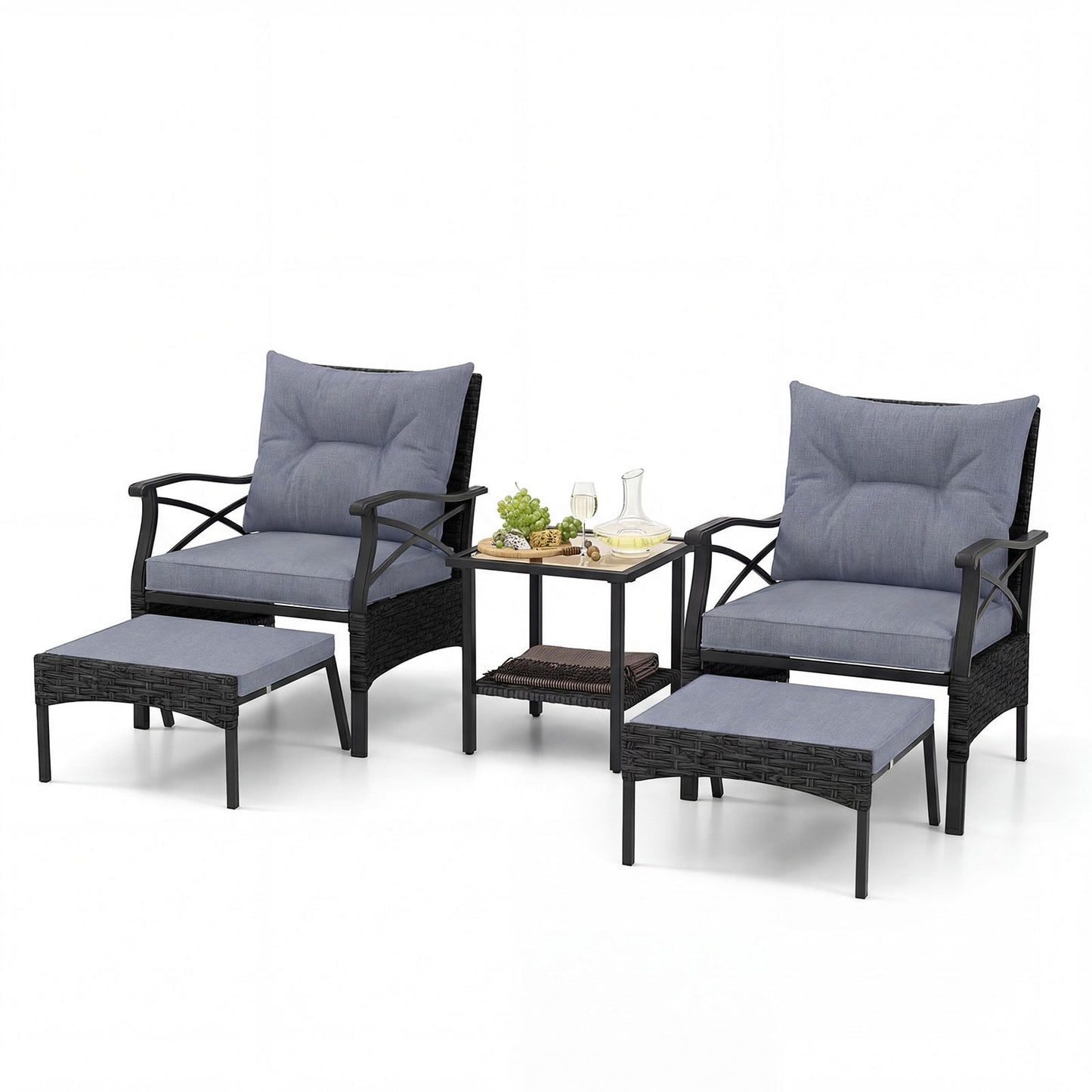 5 Piece Patio Furniture Set with Soft Seat and Back Cushions Included-Grey