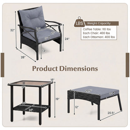 5 Piece Patio Furniture Set with Soft Seat and Back Cushions Included-Grey