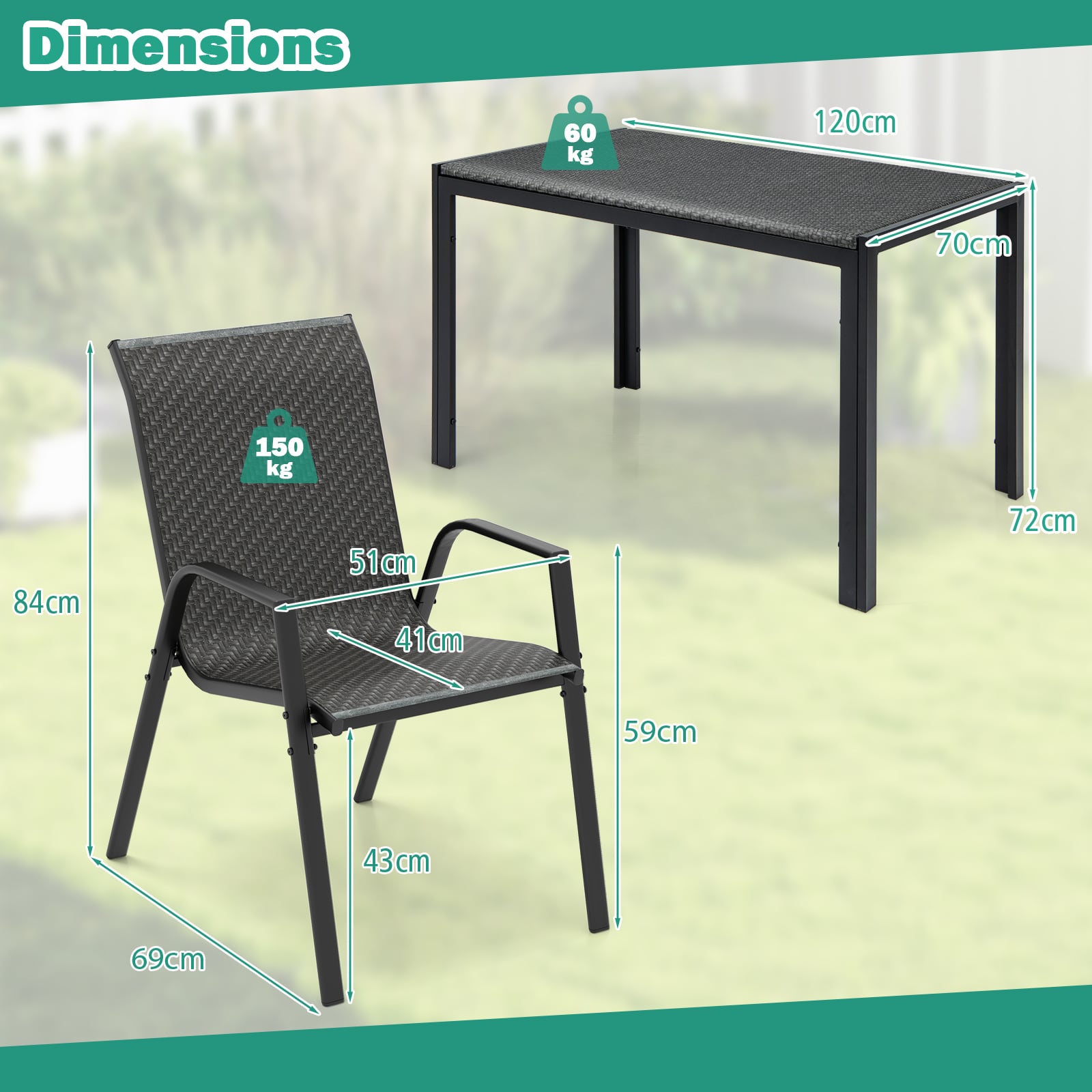 5 Piece Patio Rattan Dining Set Outdoor Table and Chairs Set for 4