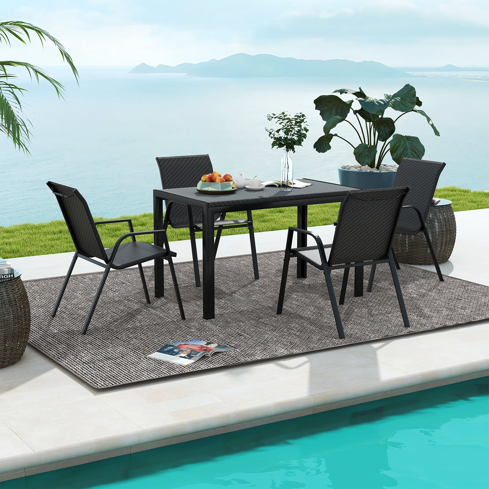 5 Piece Patio Rattan Dining Set Outdoor Table and Chairs Set for 4