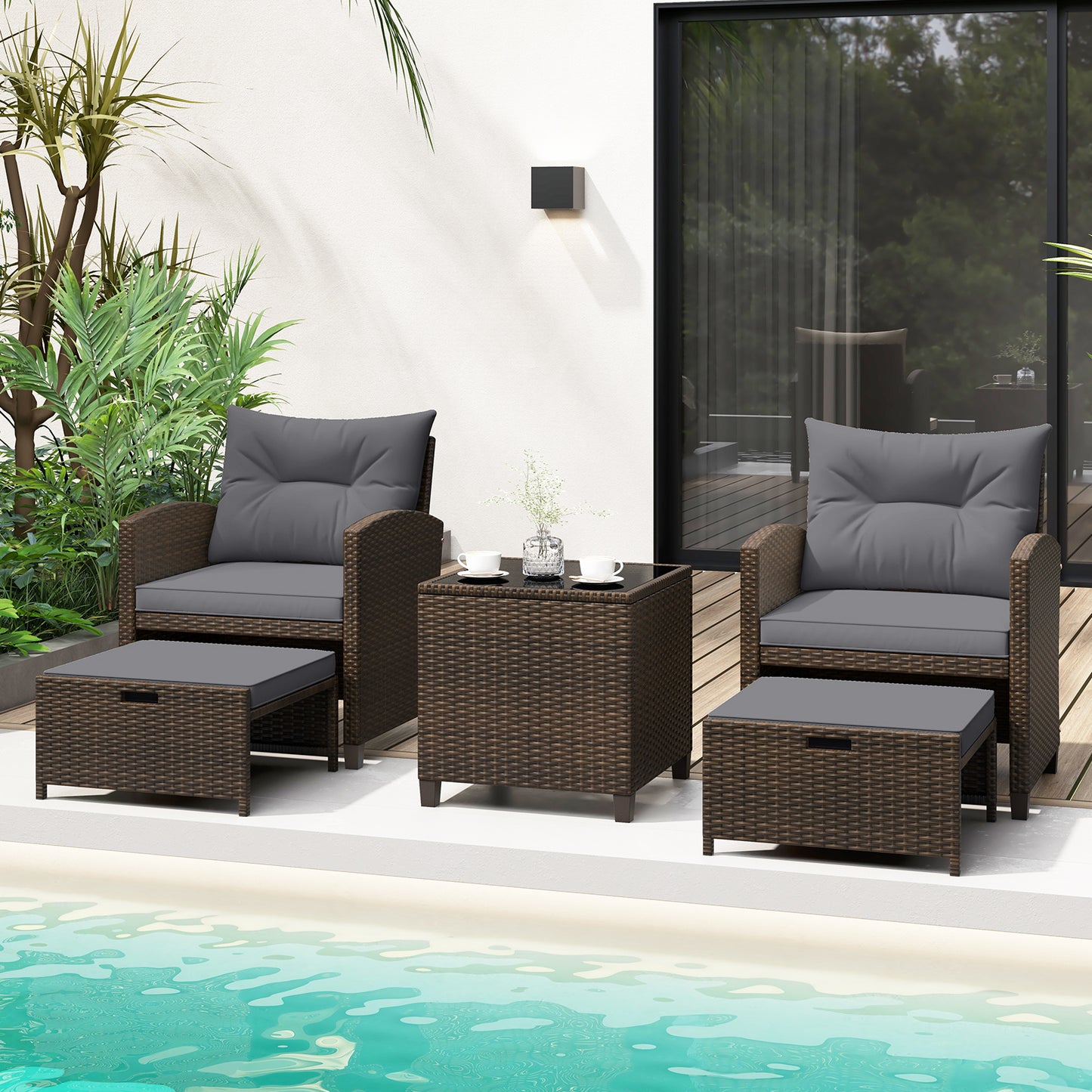 5-Piece Patio Rattan Furniture Set with Ottomans and Coffee Table for Backyard-Grey