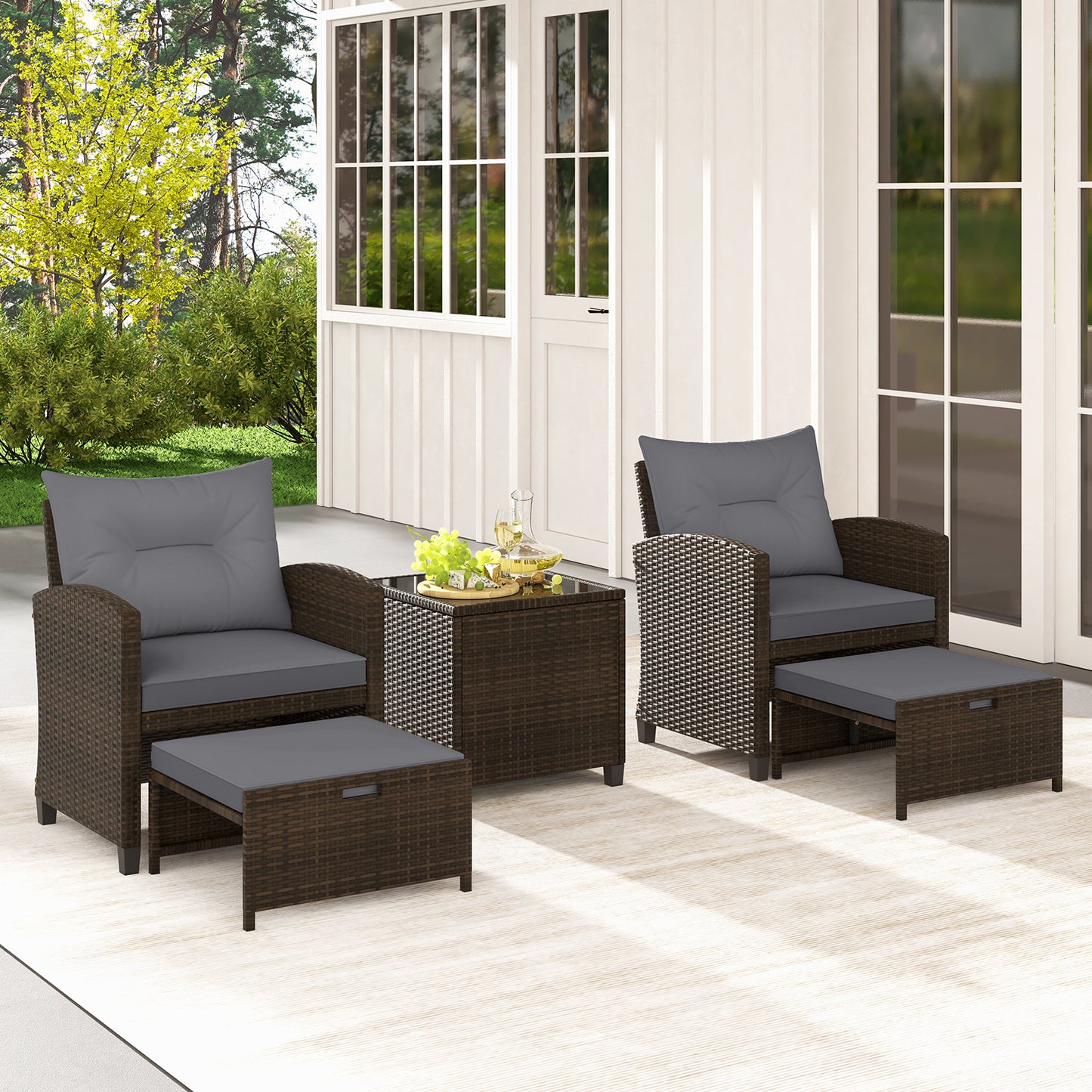 5-Piece Patio Rattan Furniture Set with Ottomans and Coffee Table for Backyard-Grey