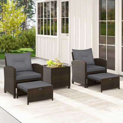 5-Piece Patio Rattan Furniture Set with Ottomans and Coffee Table for Backyard-Grey