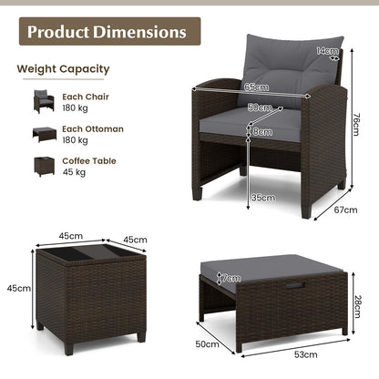 5-Piece Patio Rattan Furniture Set with Ottomans and Coffee Table for Backyard-Grey
