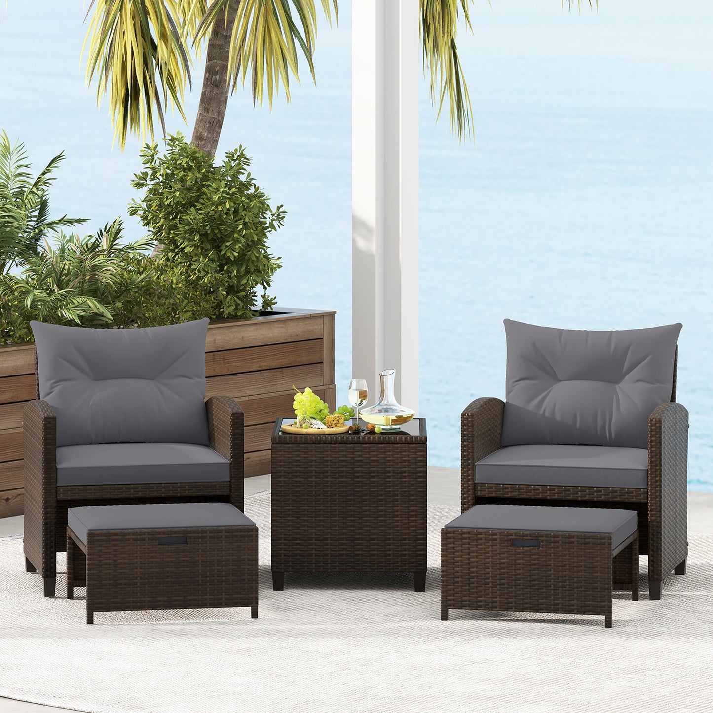5-Piece Patio Rattan Furniture Set with Ottomans and Coffee Table for Backyard-Grey