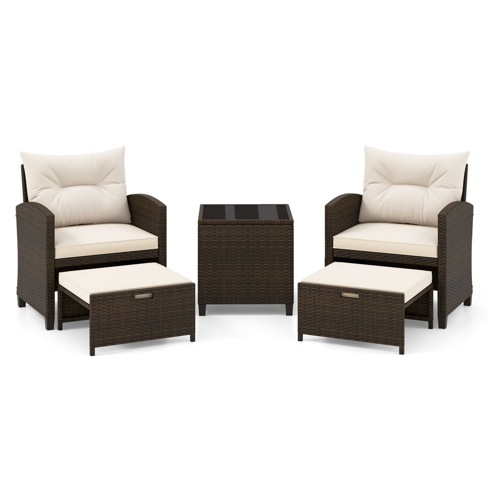 5-Piece Patio Rattan Furniture Set with Ottomans and Coffee Table for Backyard-White