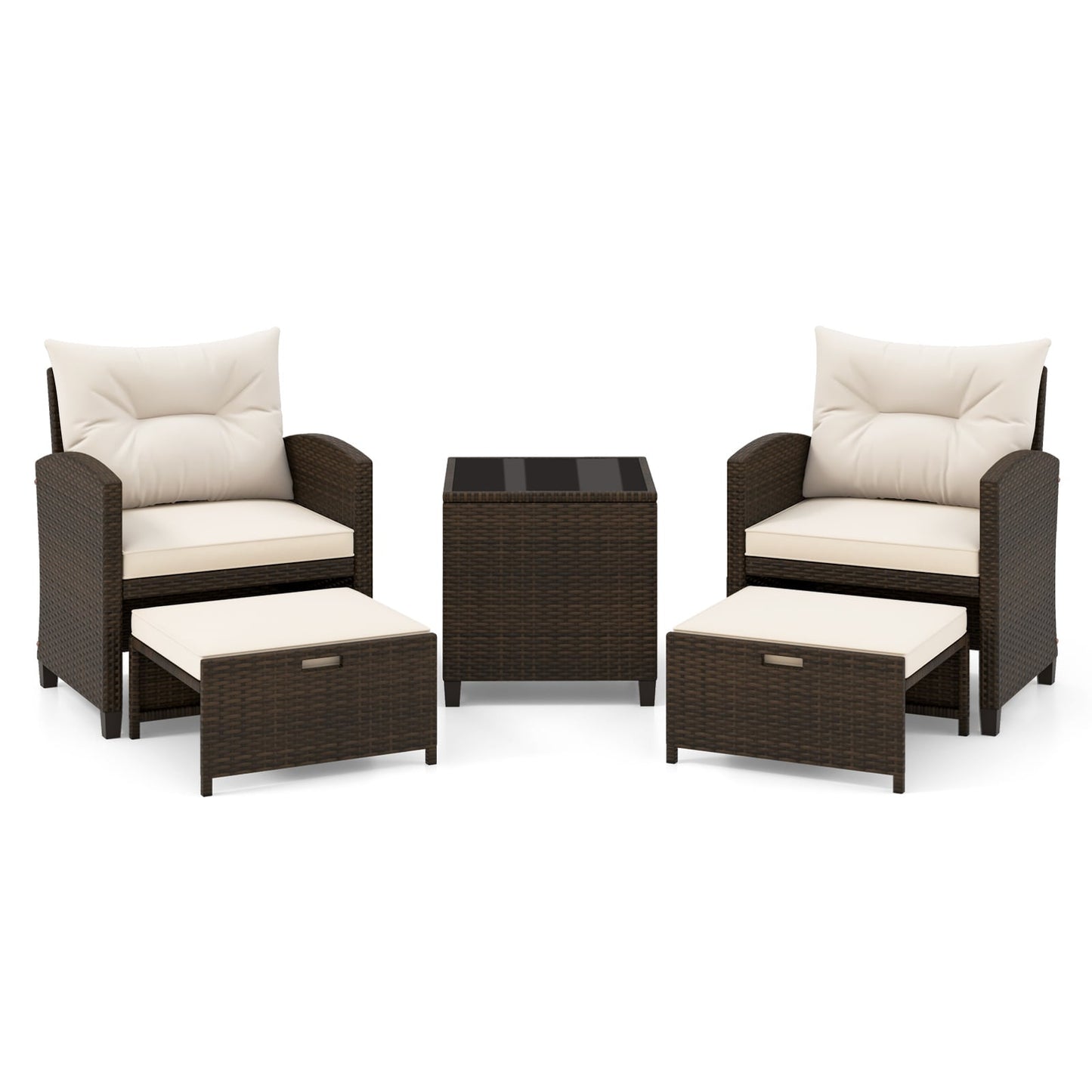 5-Piece Patio Rattan Furniture Set with Ottomans and Coffee Table for Backyard-White