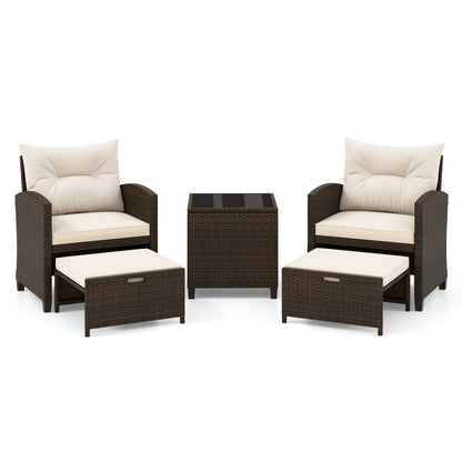 5-Piece Patio Rattan Furniture Set with Ottomans and Coffee Table for Backyard-White
