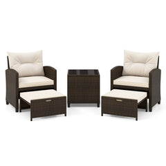 5-Piece Patio Rattan Furniture Set with Ottomans and Coffee Table for Backyard-White