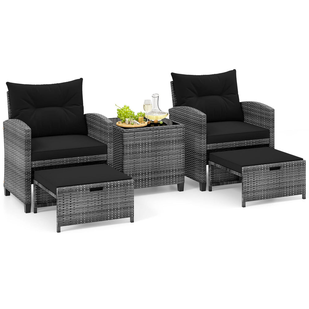 5 Piece Wicker Patio Furniture Set with 2 Cushioned Chairs and 2 Ottomans-Black