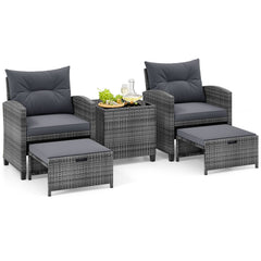5 Piece Wicker Patio Furniture Set with 2 Cushioned Chairs and 2 Ottomans-Dark Grey