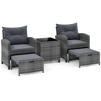 5 Piece Wicker Patio Furniture Set with 2 Cushioned Chairs and 2 Ottomans-Dark Grey