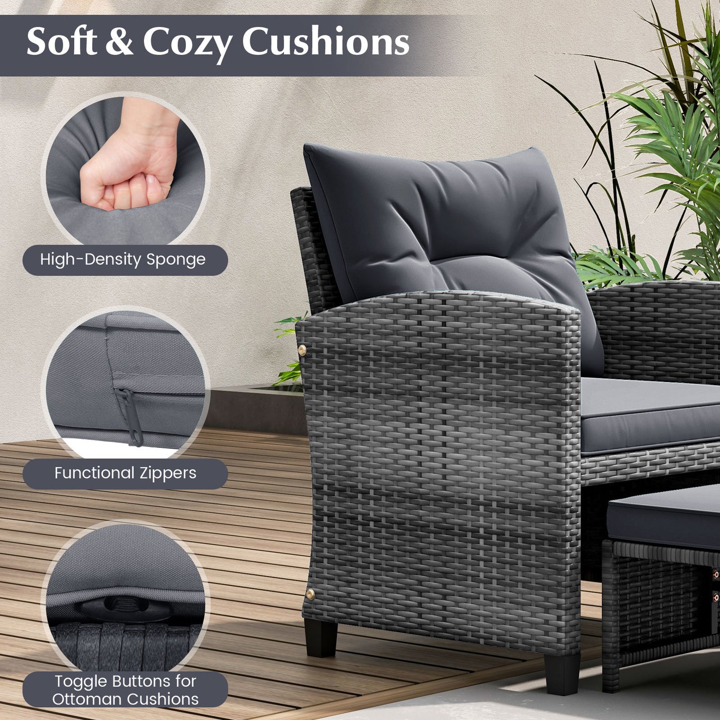 5 Piece Wicker Patio Furniture Set with 2 Cushioned Chairs and 2 Ottomans-Dark Grey