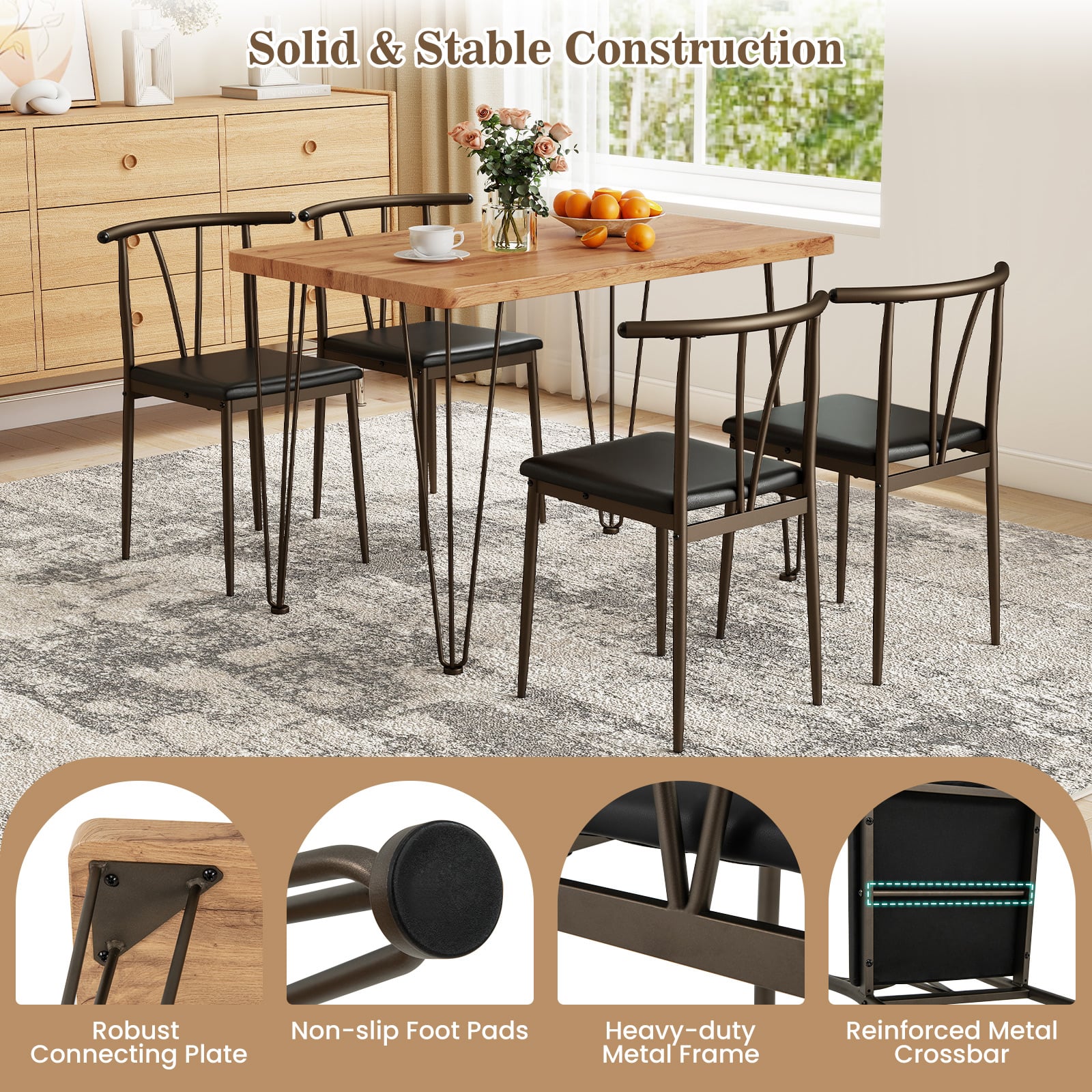 5-Piece Dining Table Set wuth Upholstered Seat and Metal Frame-Coffee