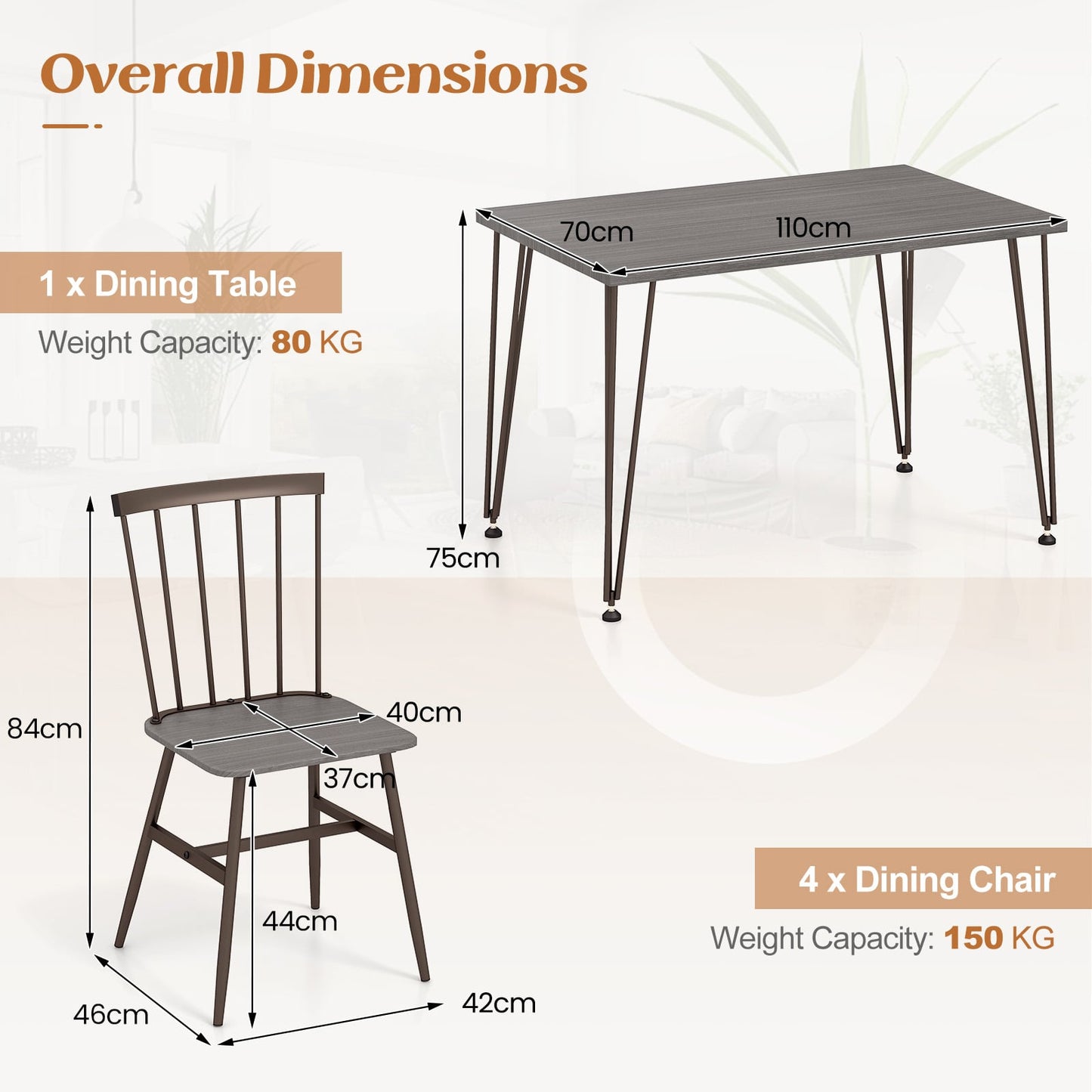5-Piece Dining Table Set for 4 with Swivel Feet for Living Room-Grey