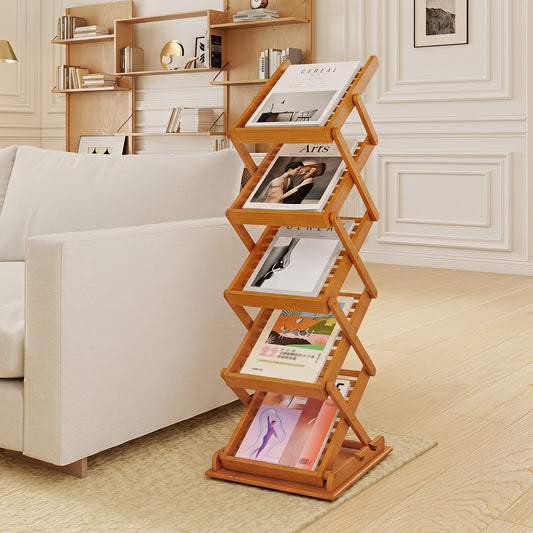 5-Pocket Foldable Bamboo Magazine Rack with 2 Adjustable Positions-Walnut