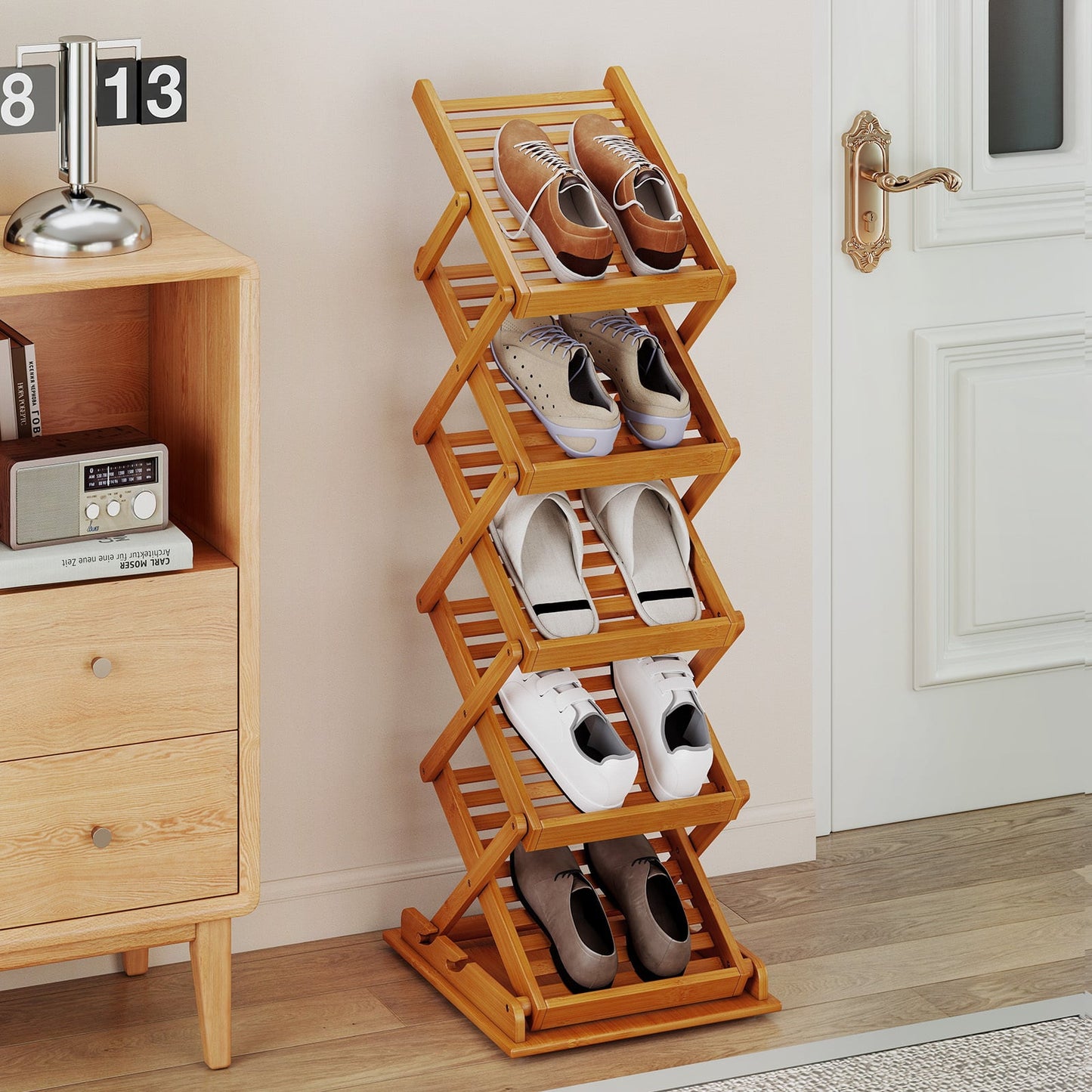 5-Pocket Foldable Bamboo Magazine Rack with 2 Adjustable Positions-Walnut