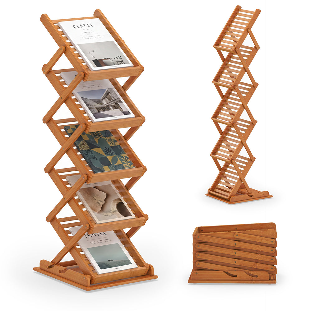 5-Pocket Foldable Bamboo Magazine Rack with 2 Adjustable Positions-Walnut